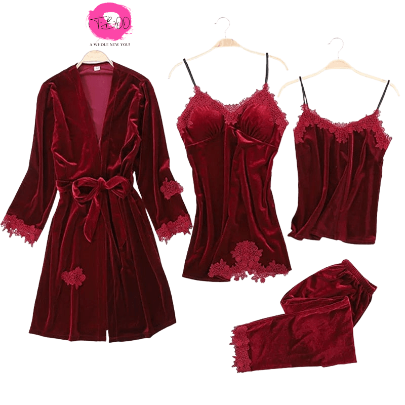 Women Sexy Pajamas Set Velvet 4 Piece Gown Warm Robe Sleepwear Woman Pajamas Set