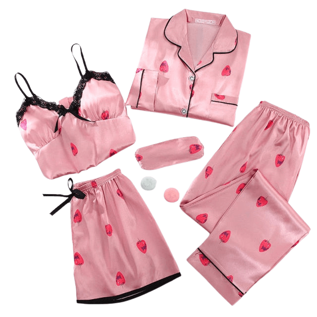 Sexy Pink Striped 5 Pieces Women Pajamas Set Faux Silk  Sleepwear Casual  Nightwear Female Pajamas