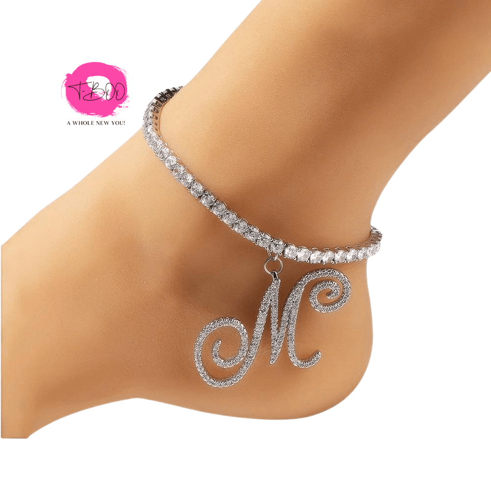 T-BOO Anklet Tennis Bracelet With 4mm Cursive Letter Iced Out Bling Bling Hip Hop Jewelry