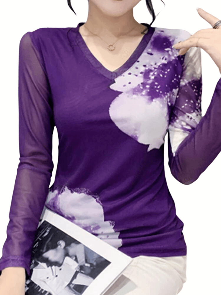 2022 Mesh T-shirt Fashion Long-Sleeved V-neck Tees Women Trendy Tops