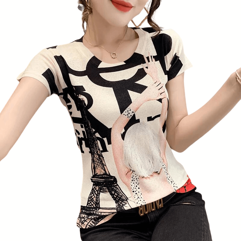 Women Fashion T-Shirt Print Eiffel Tower Girl New Hot Elegant Tops Short Sleeve Shirt Street Tees 2021