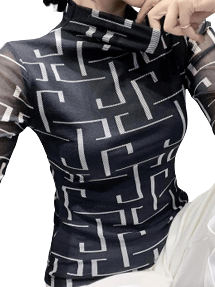 T-BOO Women European Turtle-Neck T-shirt Long-Sleeve Mesh Letter Printing s Slim Bottoming Tshirt