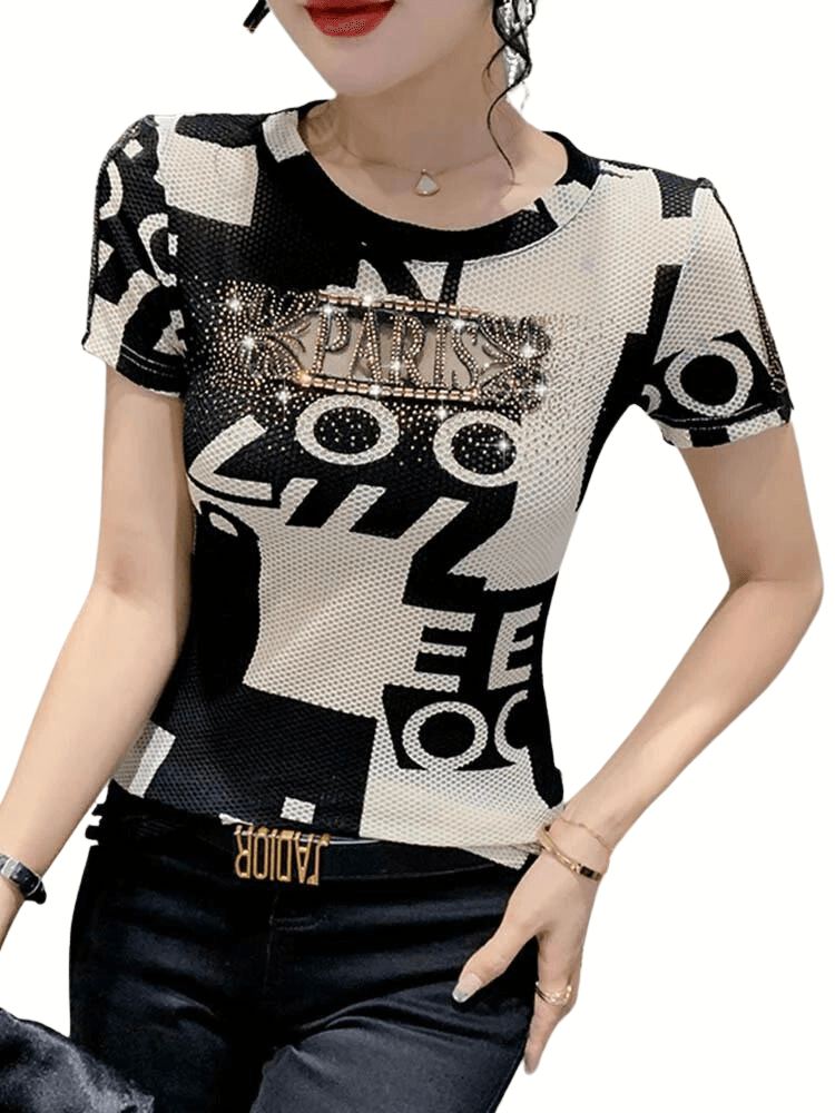 Sexy Women T-Shirt Ladies Sexy O-Neck Print Letter Patchwork Shiny Diamonds Tops Short Sleeve