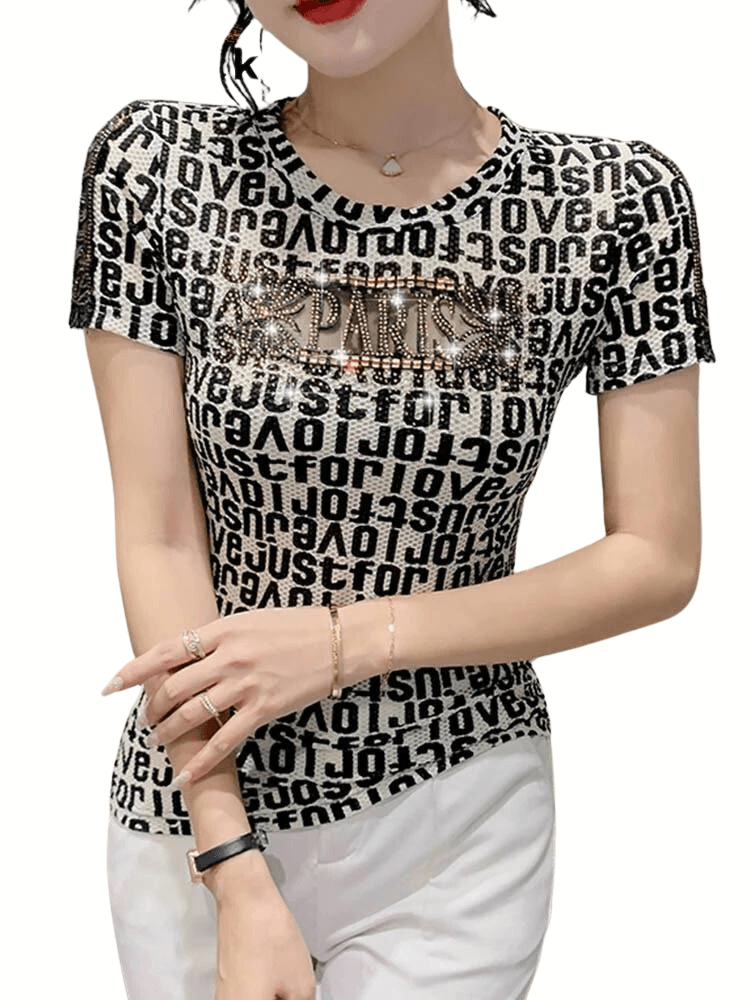 Sexy Women T-Shirt Ladies Sexy O-Neck Print Letter Patchwork Shiny Diamonds Tops Short Sleeve