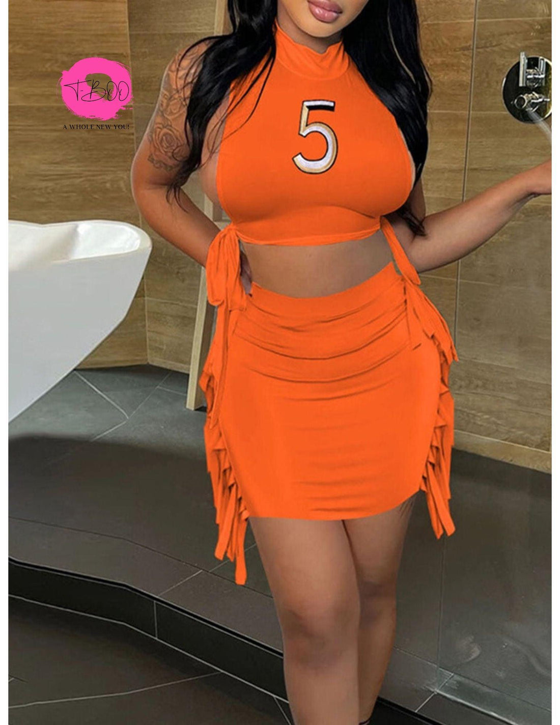 Women 2 Piece Set Tank Top+Mini Tassel Skirt Fashion Casual Matching Streetwear Outfits Number Print