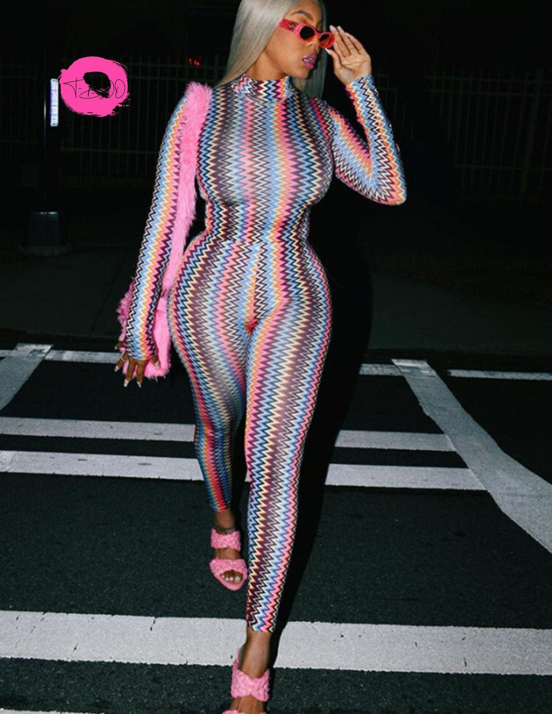 T-BOO 2-Piece Set Women Wavy Stripes Tracksuit Sporty Casual Skinny Turtleneck Crop Top+Pants Matching Trend Fitness Outfit