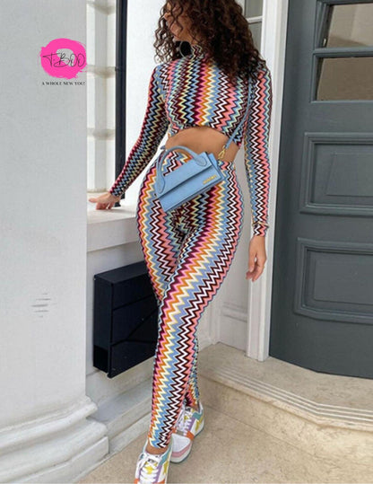 T-BOO 2-Piece Set Women Wavy Stripes Tracksuit Sporty Casual Skinny Turtleneck Crop Top+Pants Matching Trend Fitness Outfit