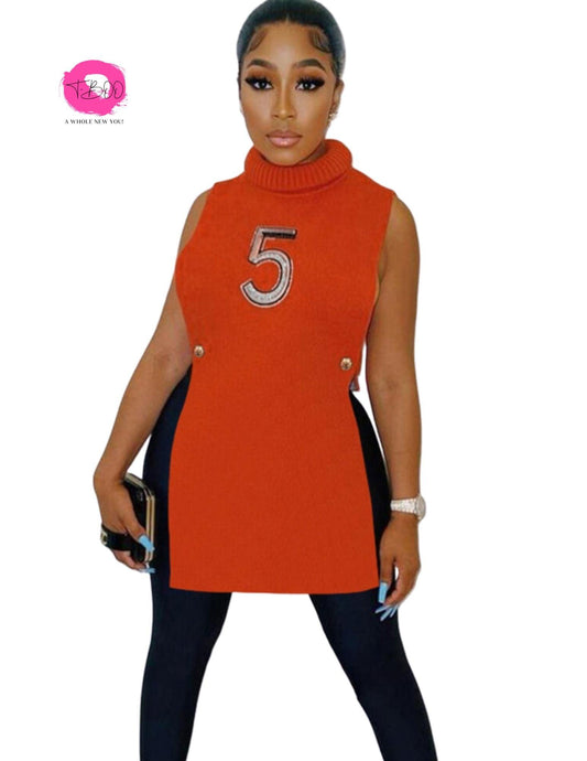 Women Mini Tank Dress Solid Number Print Turtleneck Hollow 2-Side Split Sleeveless Bodycon Street Outfit