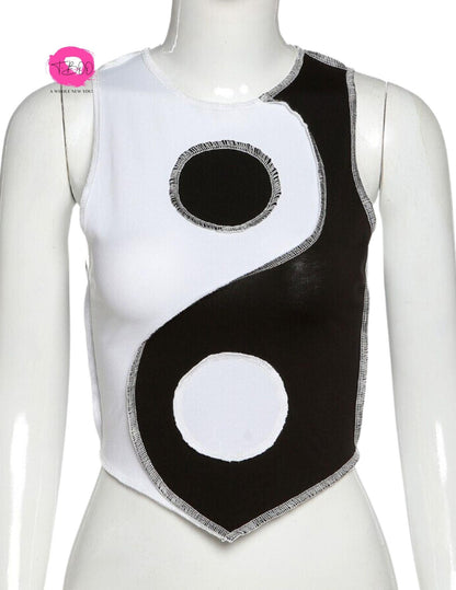 T-BOO Women Sleeveless Tank Tops Asymmetry Striped Patchwork Sporty Casual Streetwear
