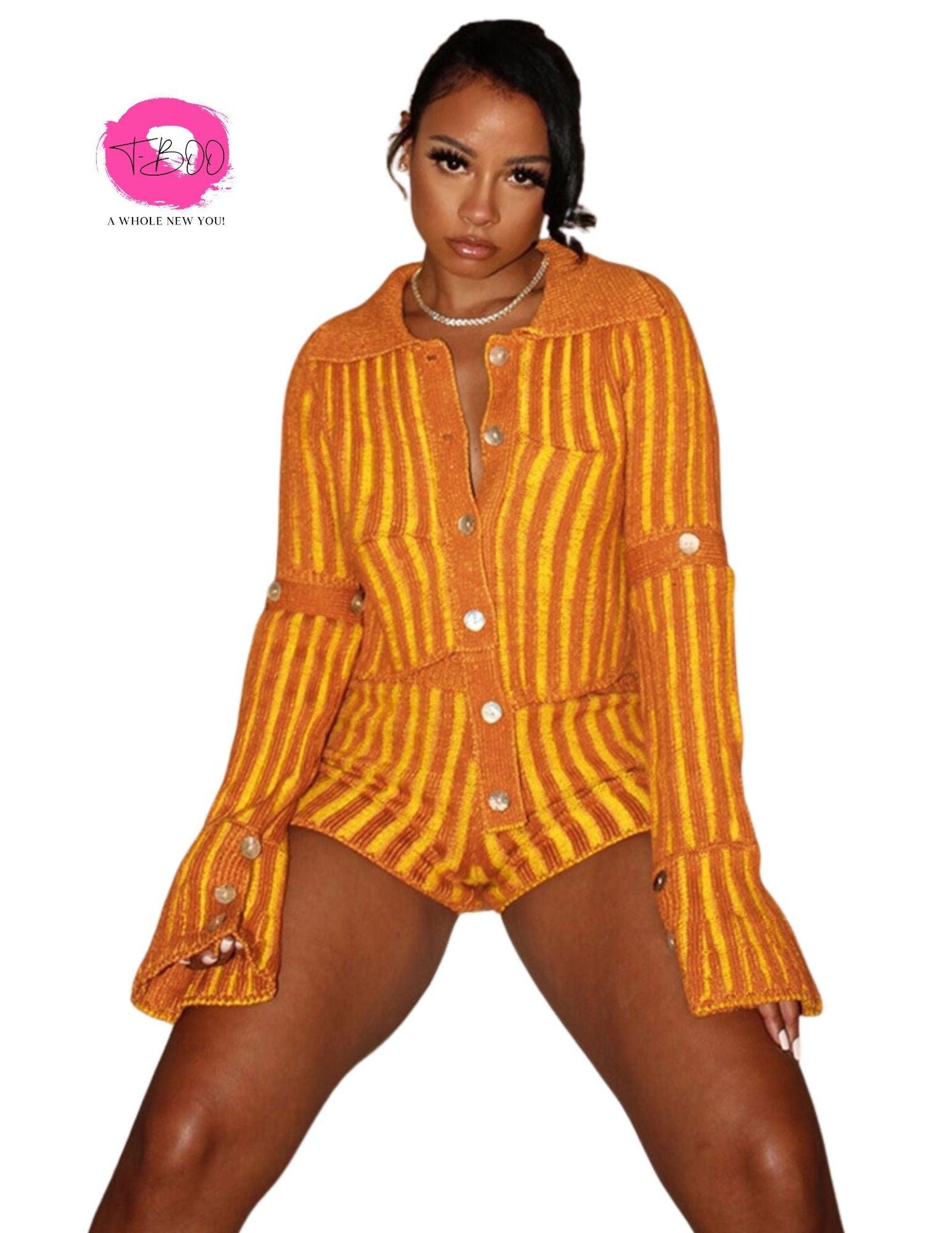 T-BOO 2 Piece Set Women Striped Crochet Casual Wear Long Sleeve Skinny Button Tops+High Waist Bottoms Matching Street Sportswear