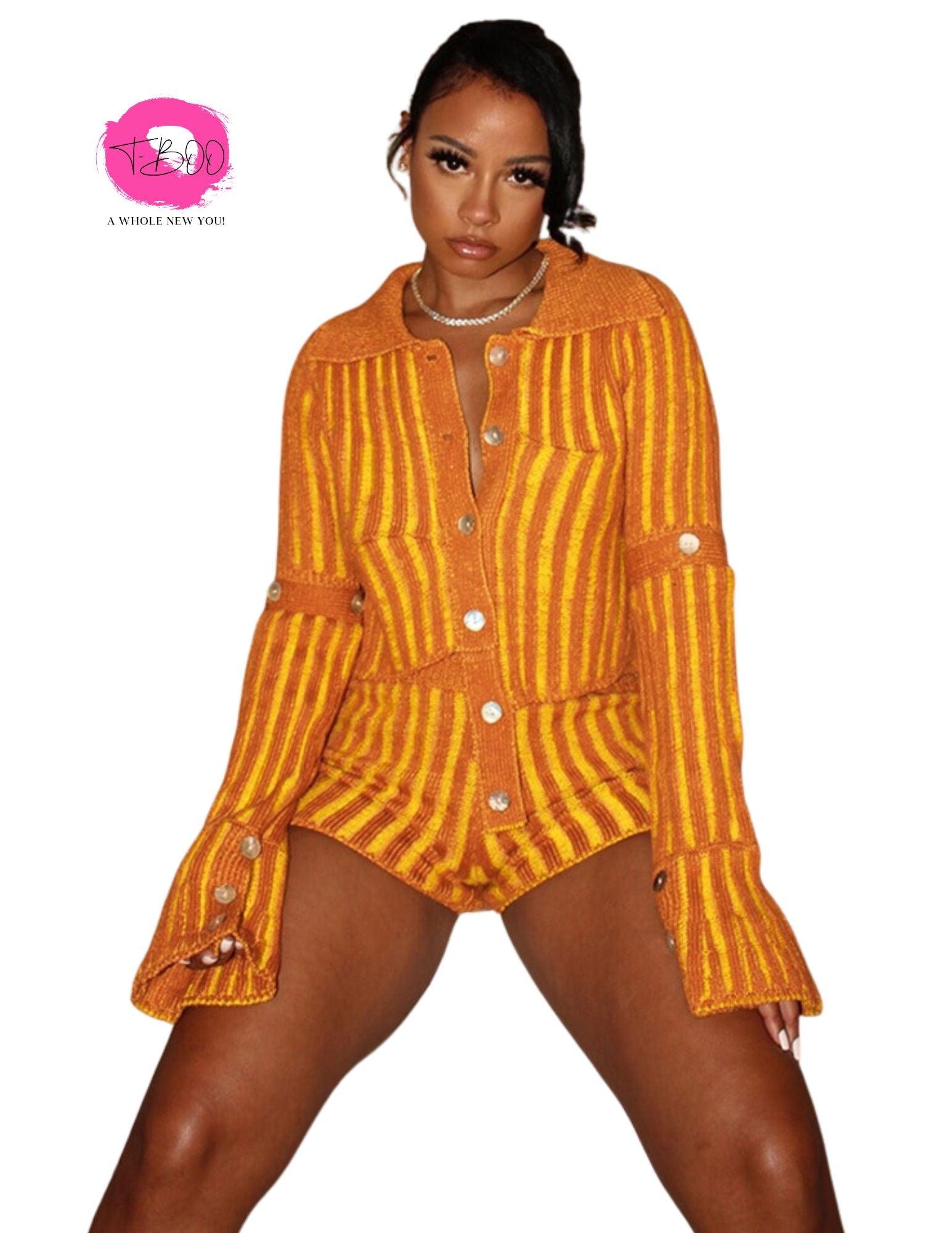 T-BOO 2 Piece Set Women Striped Crochet Casual Wear Long Sleeve Skinny Button Tops+High Waist Bottoms Matching Street Sportswear