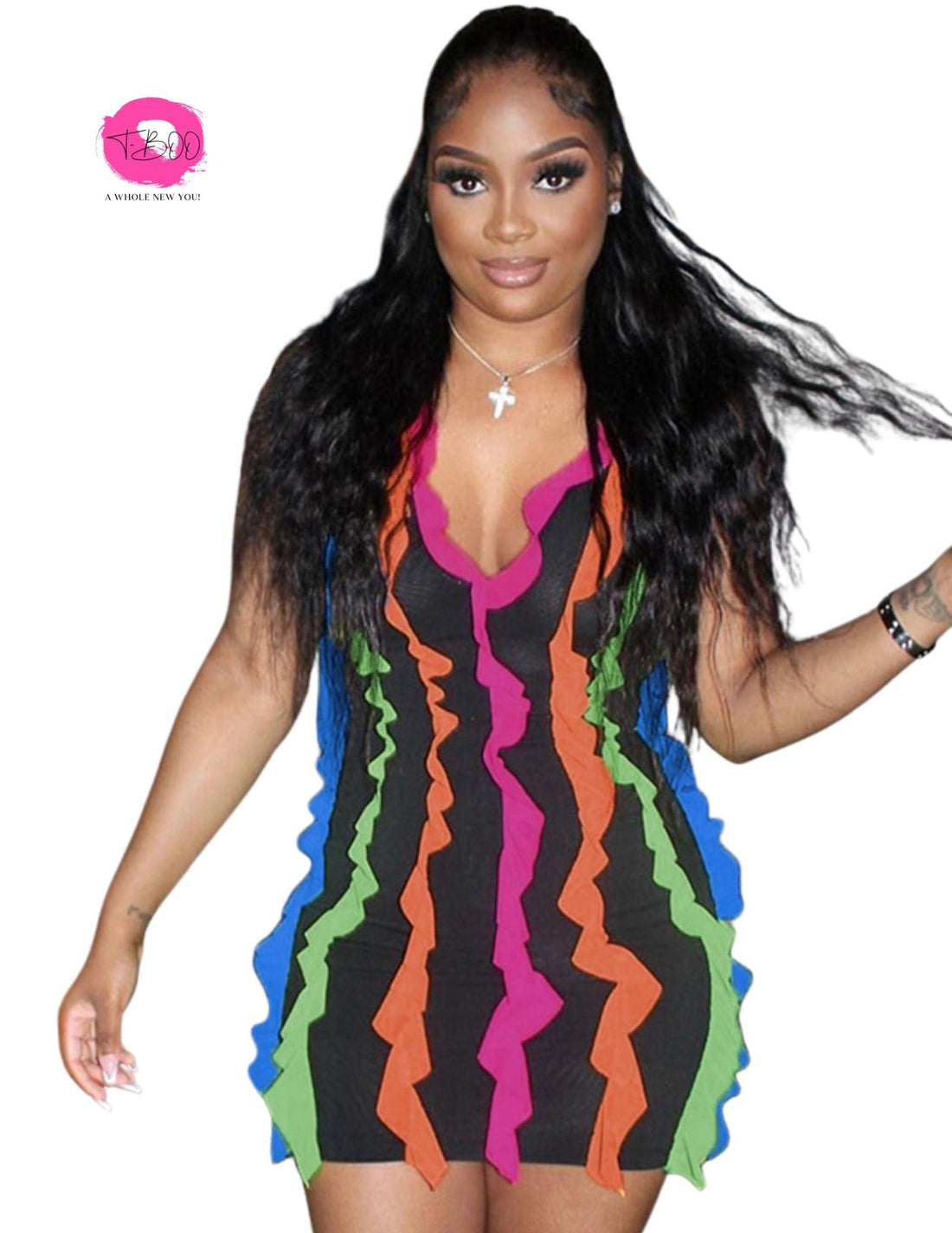 T-BOO Women Colorful Ribbon Dress Deep V-Neck Sleeveless Skinny Stretch Elastic Mini Bodycon Midnight Clubwear