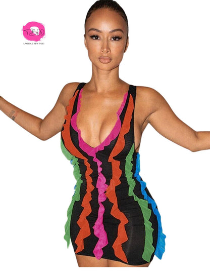 T-BOO Women Colorful Ribbon Dress Deep V-Neck Sleeveless Skinny Stretch Elastic Mini Bodycon Midnight Clubwear