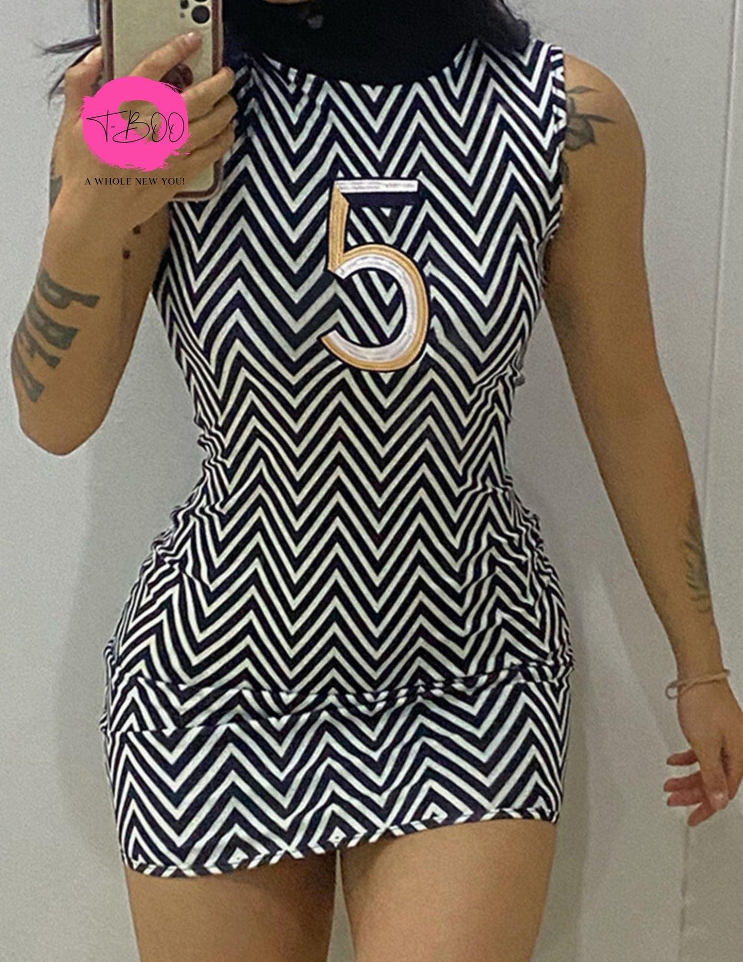 T-BOO New Sleeveless Mini Bodycon Striped Print Number Print Dress Casual Clubwear Embroidery Women Hipster Turtleneck Stretchy