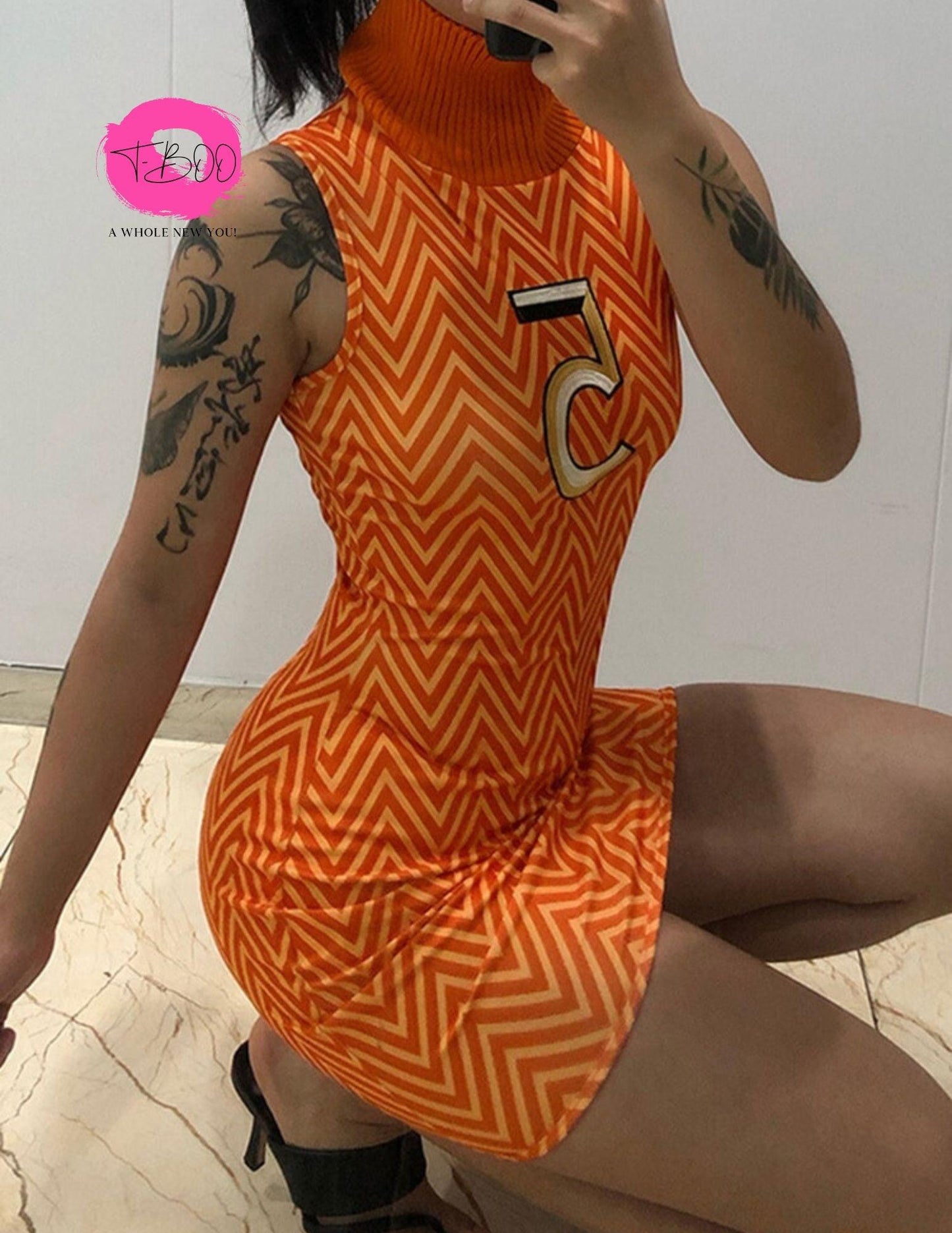 T-BOO New Sleeveless Mini Bodycon Striped Print Number Print Dress Casual Clubwear Embroidery Women Hipster Turtleneck Stretchy