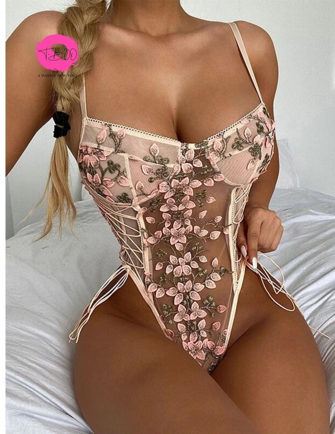 T-BOO Women Bodysuit Floral Embroidery Lace Up Bandage Bodysuits Sexy Sleeveless Bodycon Transparent Mesh Lingerie