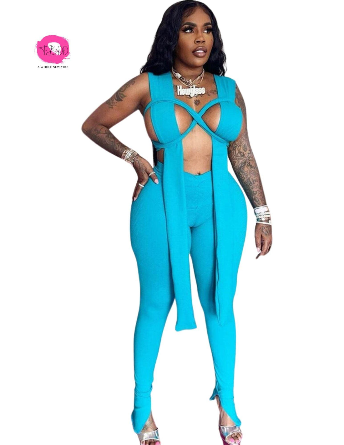 T-BOO Two Piece Pants Set Ribbon Hollow Tank Top with Matching Pants Set for Women Flirty and Chic