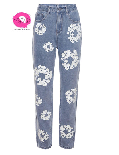 T-BOO Flowers Print Jeans Women Casual High Waist Straight Pants Elastic Streetwear Loose Denim Trousers