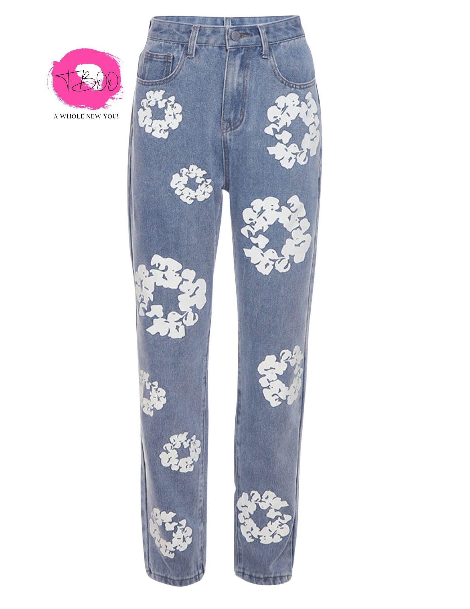 T-BOO Flowers Print Jeans Women Casual High Waist Straight Pants Elastic Streetwear Loose Denim Trousers
