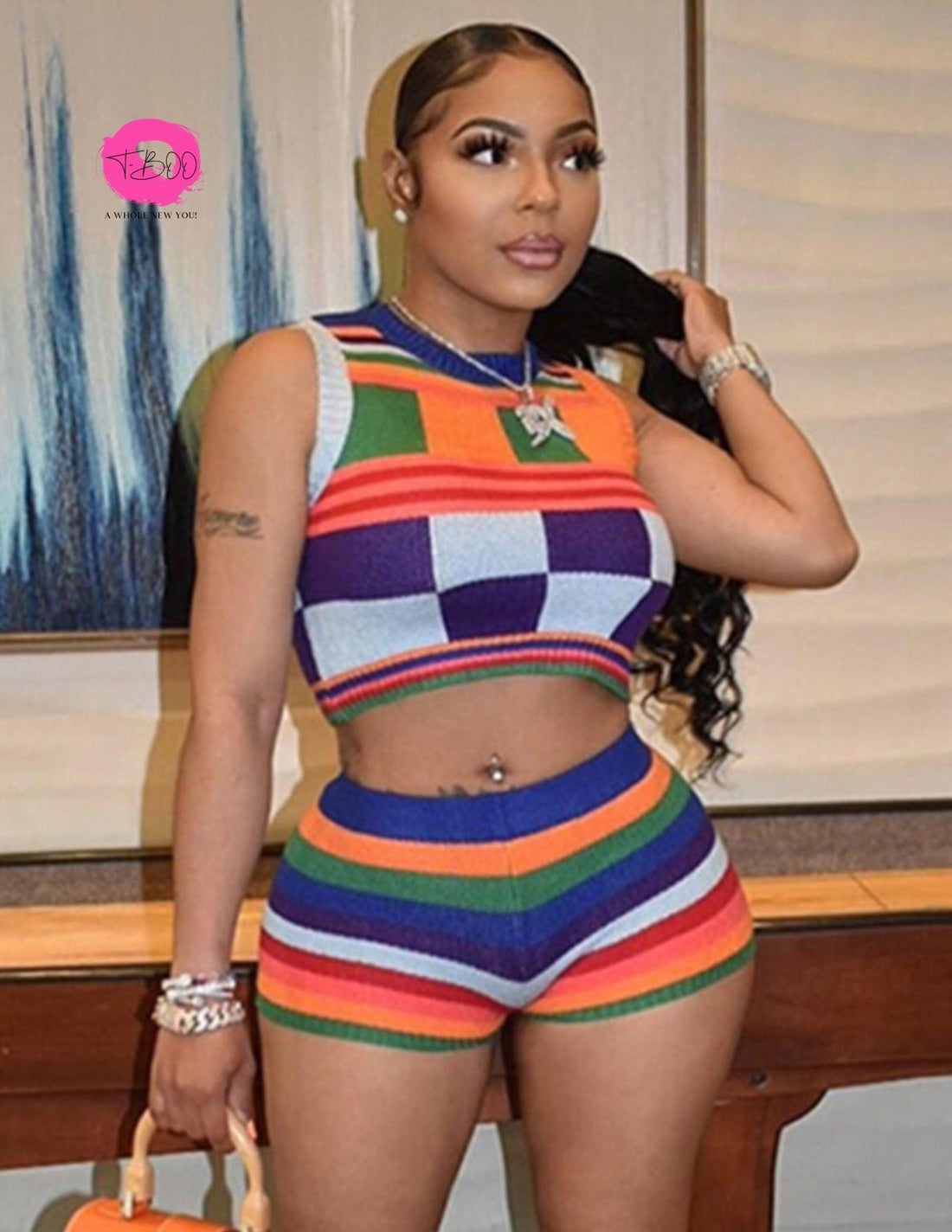 T-BOO Women 2Piece Set Colorful Print Short Set Round Neck Tank Top+Low Waist Shorts