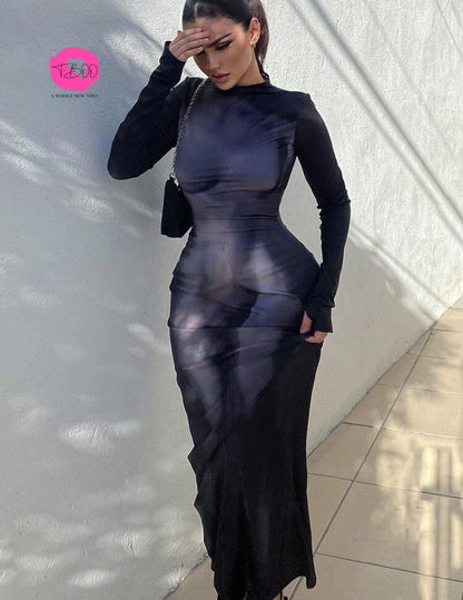 T-BOO Women Maxi Dress Sexy Body Print Aesthetics Long Sleeve Turtleneck Skinny Bodycon Party Clubwear