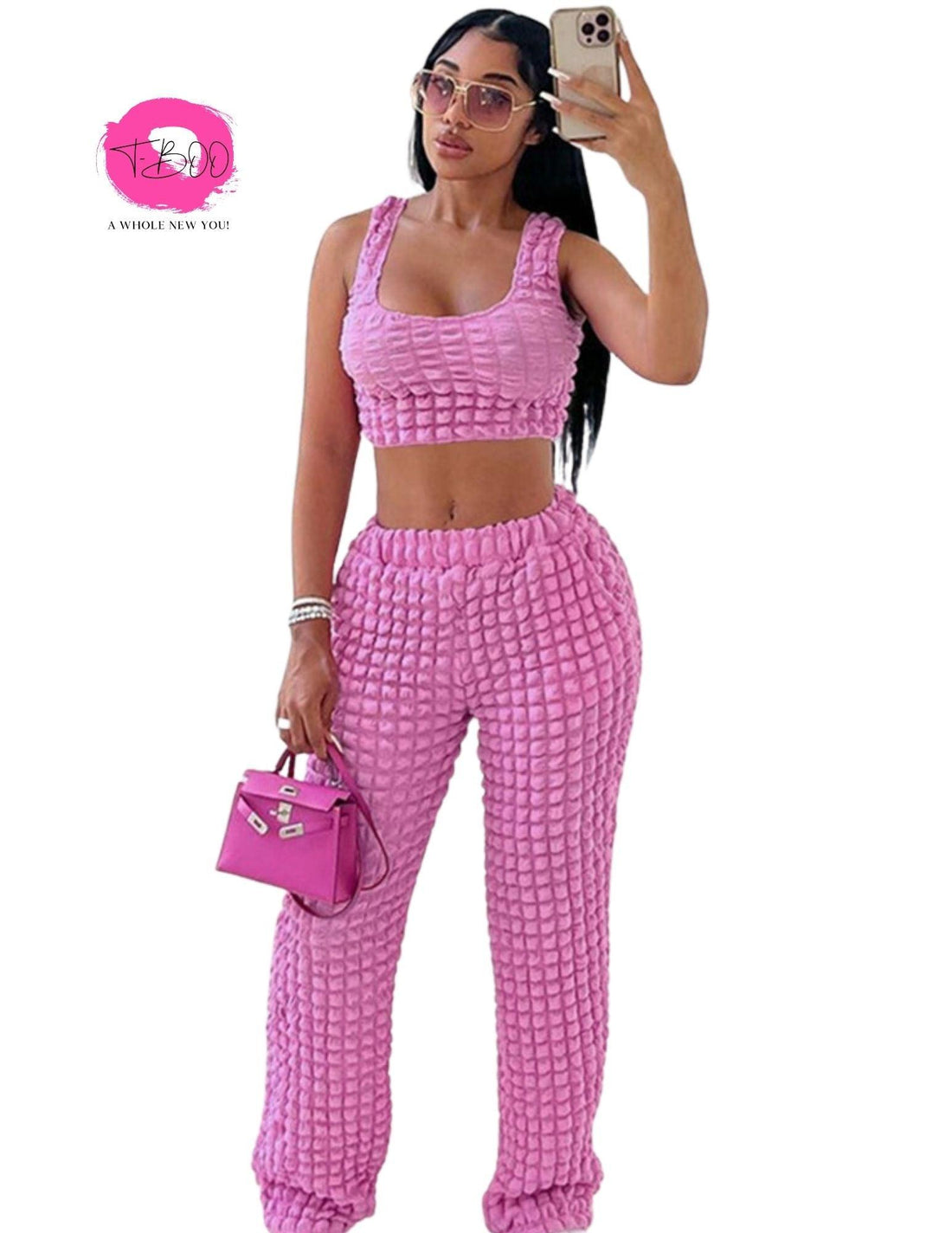 T-BOO Women 2 Piece Set Waffle Tracksuit Sporty Casual Tank Top+Straight Pants Matching Streetwear Summer Slim Outfits