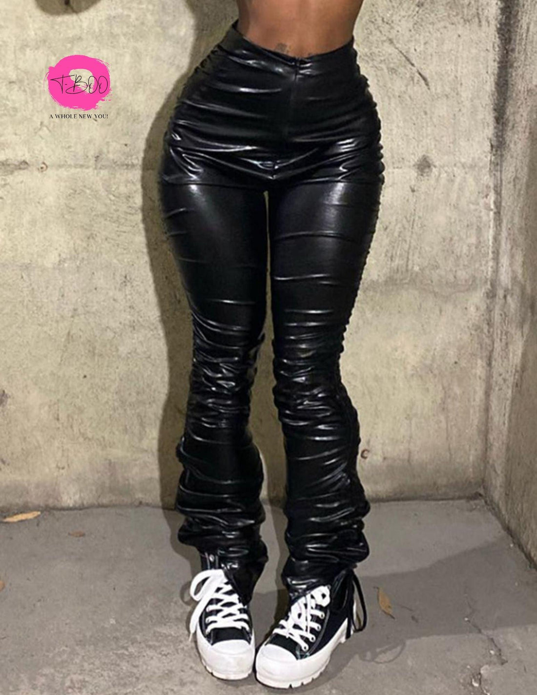 T-BOO Women High Waist PU Stacked Pants Skinny Stretchy Ankle Split Trousers Wild Streetwear Bottoms