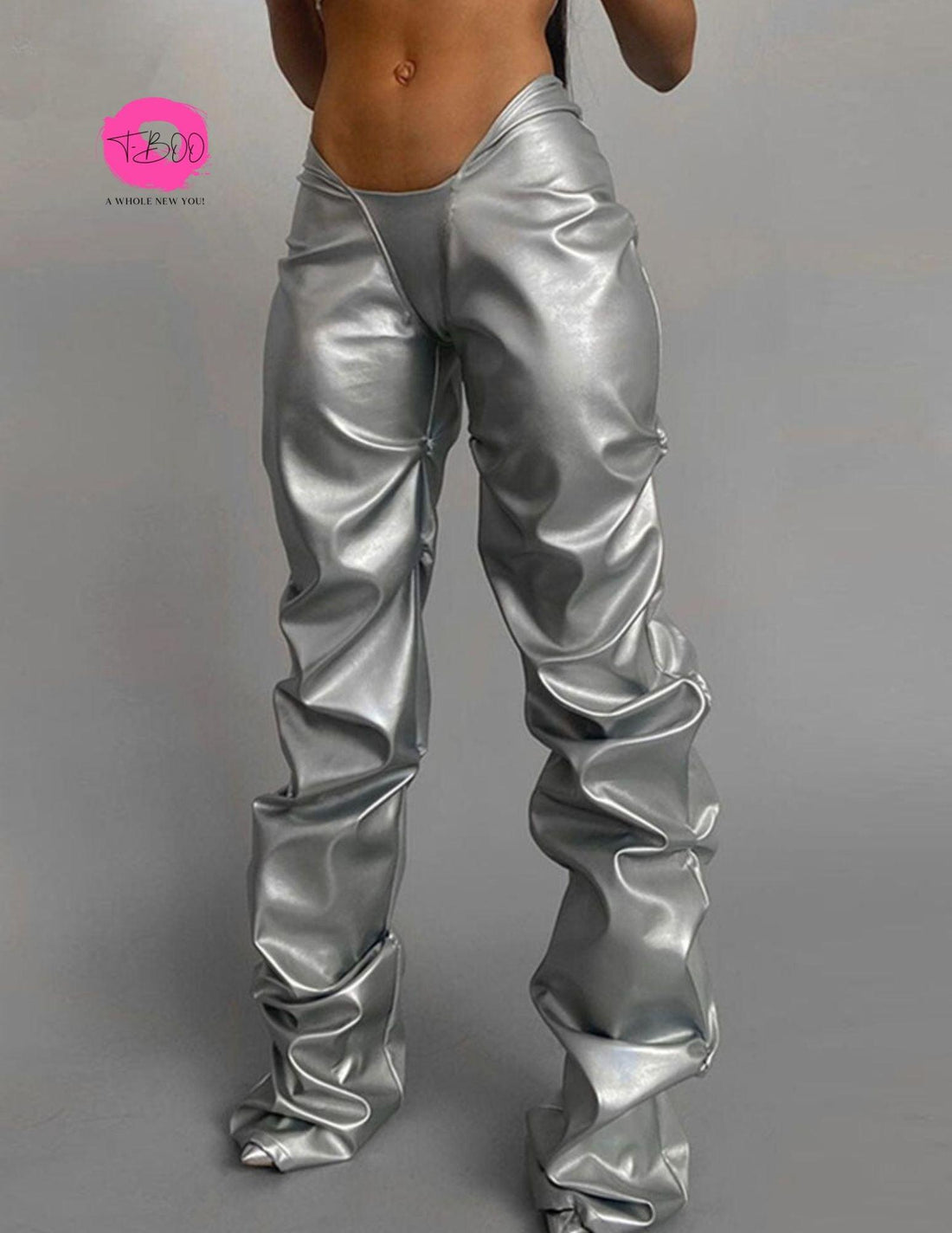 T-BOO V-Shaped Low Waist Pants Women Fashion Stacked Faux Leather Trousers Casual Skinny Pants