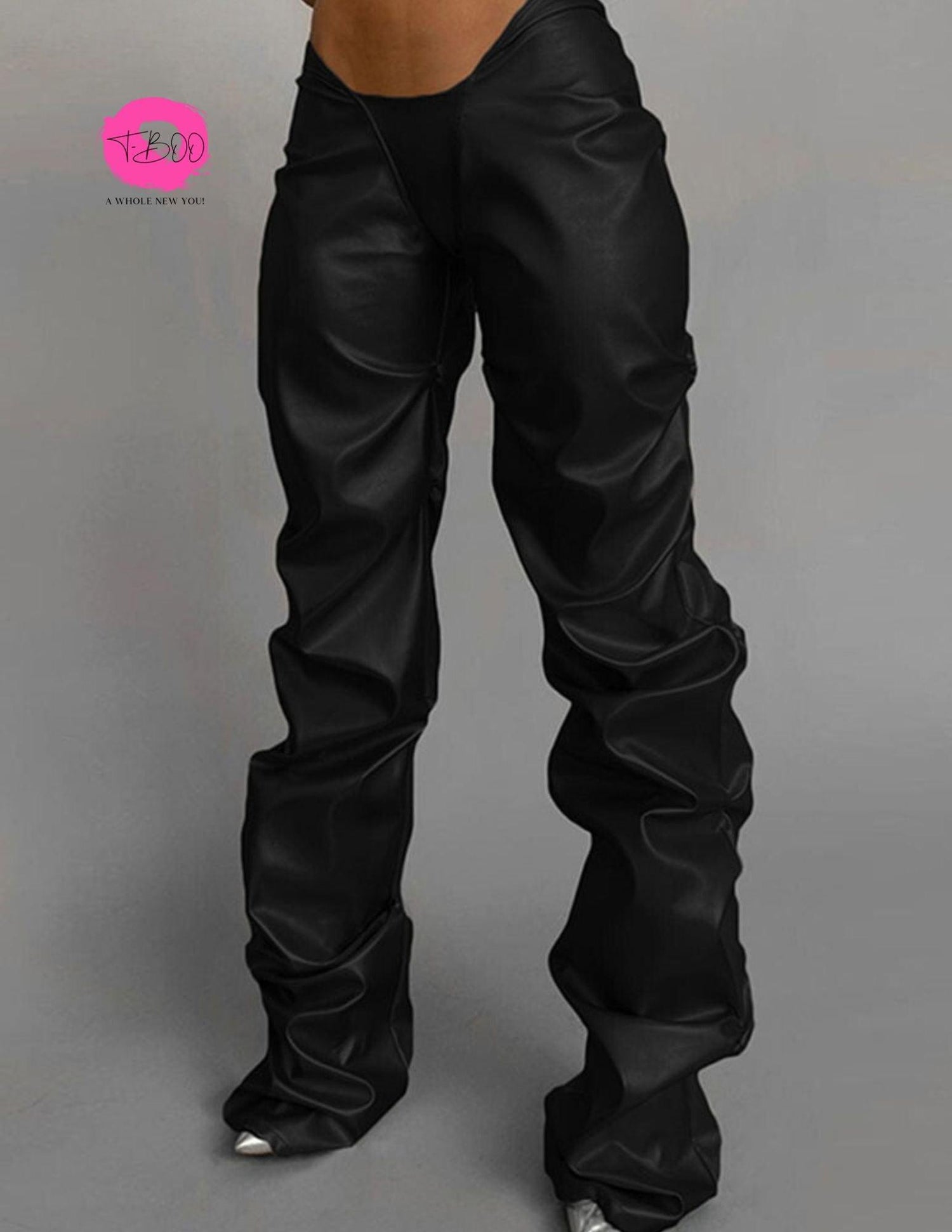 T-BOO  V-Shaped Low Waist Pants Women Fashion Stacked Faux Leather Trousers Casual Skinny Pants