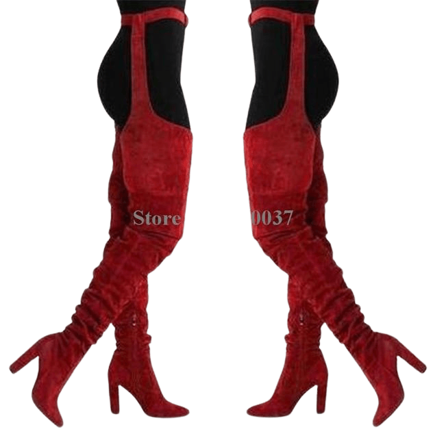 Women Over the Knee Boots Trending Fashion Long Boots Pointed Toe Solid Suede Leather Thigh Belt Chunk High Heel Boots Waist HighThick Heel Long Boots