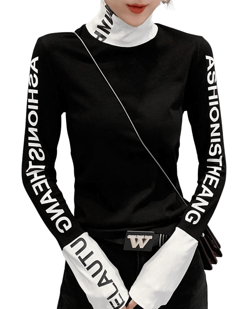 New 2022 Fall T-Shirt  Patchwork Printed Letter Thick Broshed Long Sleeve Brushed Cotton Tops Tees