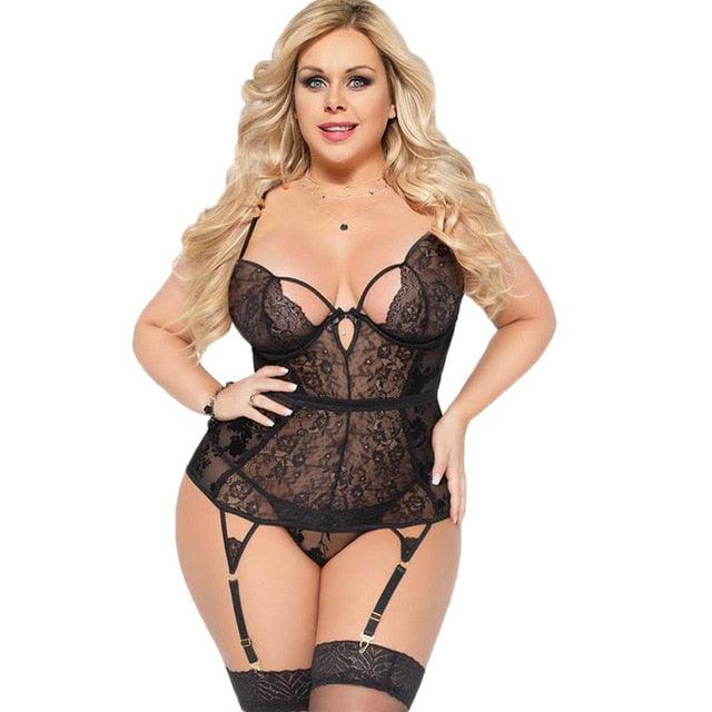 Sexy Plus Size Lingerie Women Erotic Transparent Lace Floral Babydoll Disfraz With Garter Sexy Clothes