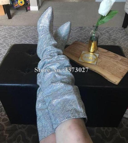 Women's Sparkly Rhinestone Glitter Bling Boots Small Heeled Boots Sparkling Glitter Boots Women Fashion Shoes Thick High Heel Zipper Booties Ladies Shoes