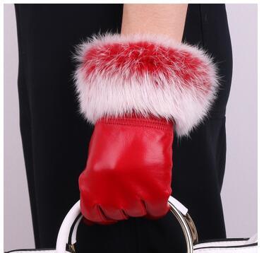 Genuine Leather Black Sheepskin Women Leather Gloves Warm Rabbit Fur Mittens