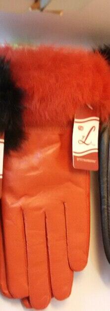 Genuine Leather Black Sheepskin Women Leather Gloves Warm Rabbit Fur Mittens