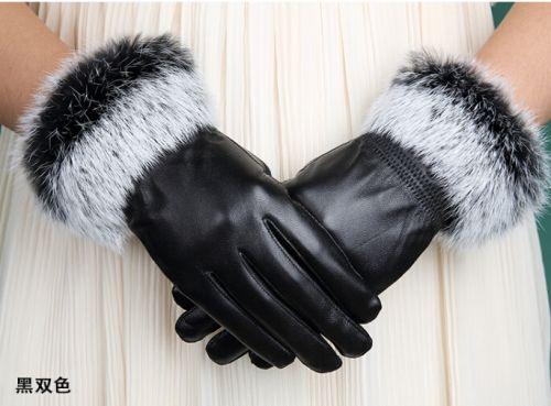 High Quality Women Lady Black sheepskin Leather Gloves Warm Rabbit Fur Mittens