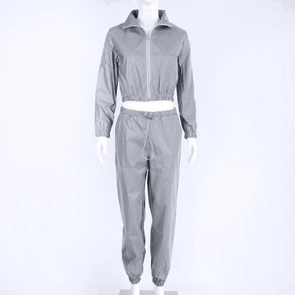 Women Fashion Tracksuit 2 Piece Set Reflective Hip Hop Crop Top Pants Loose Zipper Jacket Matching Sets Plus Size