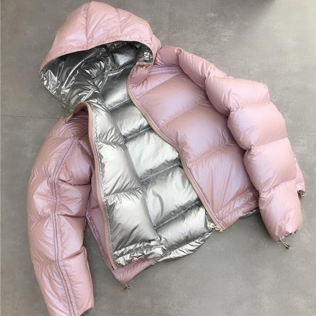 Women Winter Jacket Duck Down Parkas Silver Double Side Coat Big Aritificial Fur Hooded Female Down Oversize