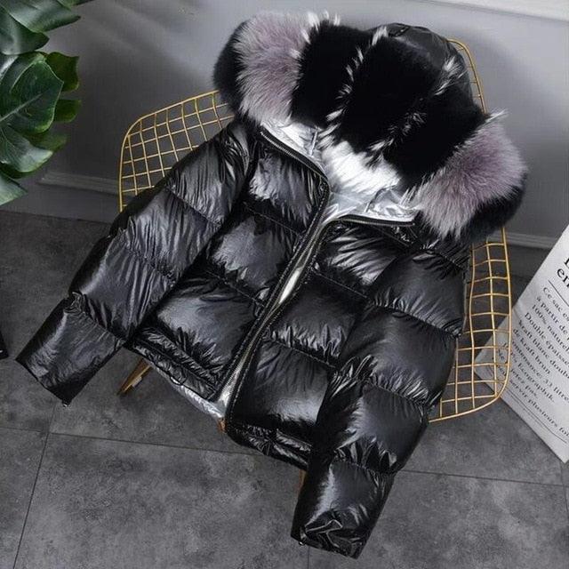 Women Winter Jacket Duck Down Parkas Silver Double Side Coat Big Aritificial Fur Hooded Female Down Oversize