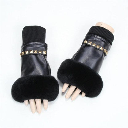Women's Fingerless Gloves Genuine Leather Rabbit fur mittens gloves