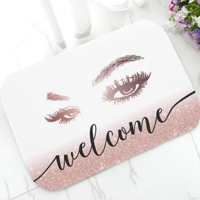 Rose Gold Trendy Glitter EyeLash Welcome Door Mat Home Decor Beauty Rug Carpet Sparkly Makeup Rubber Doormat Rug Carpet