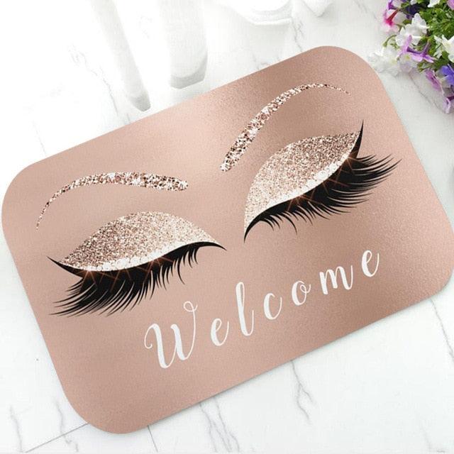 Rose Gold Trendy Glitter EyeLash Welcome Door Mat Home Decor Beauty Rug Carpet Sparkly Makeup Rubber Doormat Rug Carpet