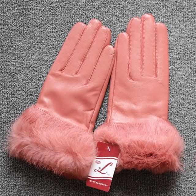 Genuine Leather Black Sheepskin Women Leather Gloves Warm Rabbit Fur Mittens