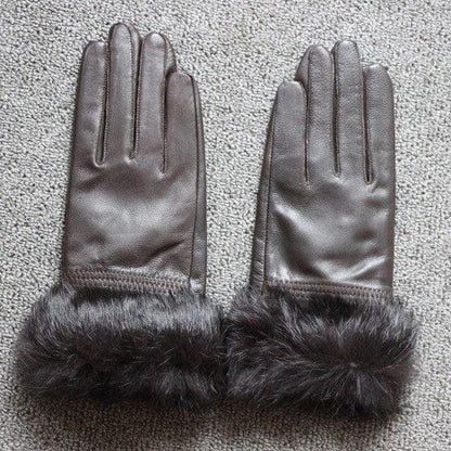 High Quality Women Lady Black sheepskin Leather Gloves Warm Rabbit Fur Mittens