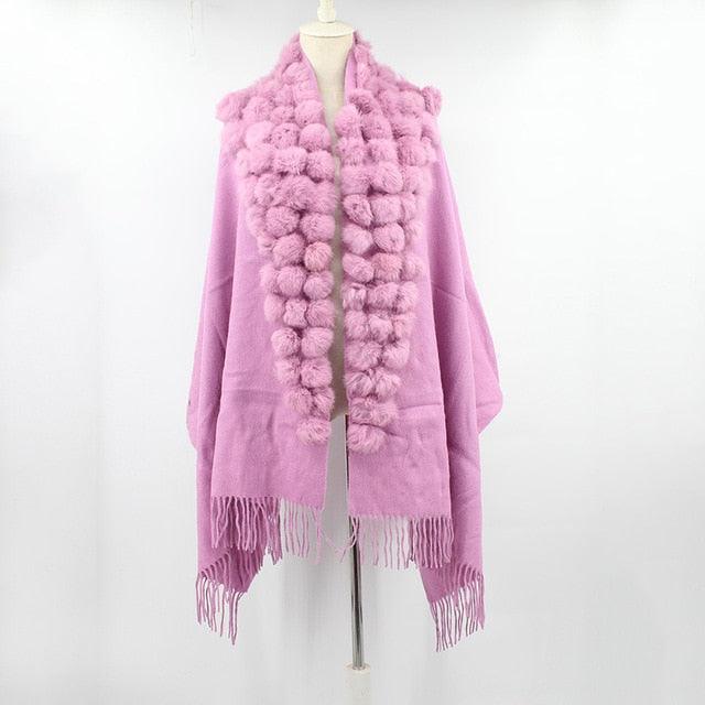 Genuine sheep fur shawl winter scarf  genuine rabbit fur with pompom thick long luxury wrap cape