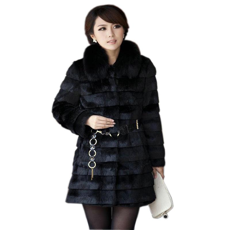 Genuine rabbit fur coat with fox fur collar women rabbit fur jacket winter fur waistcoats custom big size