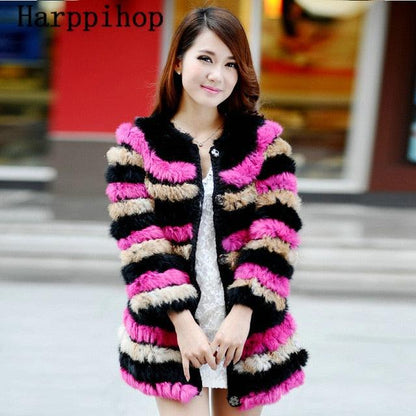 Women Rabbit Fur Coat small knitted rabbit fur women's fur coat medium-long o-neck