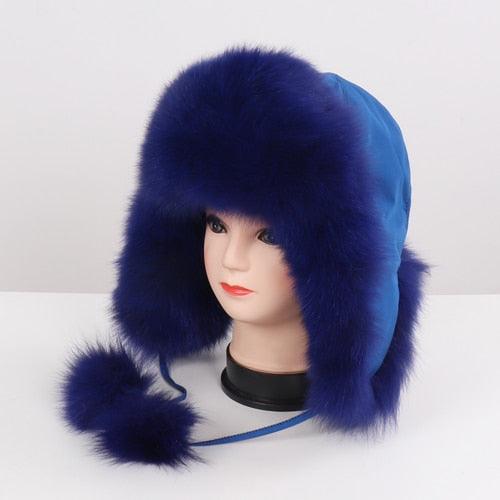 Women Natural Fox Fur Russian Ushanka Hats Winter Thick Warm Ears Fashion Bomber Hat Lady Genuine Real Fox Fur Cap