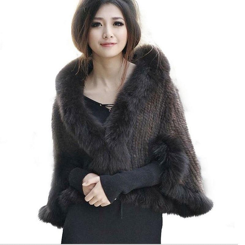New Genuine Knit Mink Fur Shawl Poncho With Fox Trimming Real Mink Fur Jacket Fashion