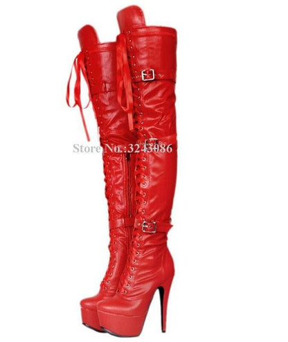 Luxury Rhinestone Studded Woman Sexy Over the Knee Booties Lace Up Stiletto High Heels